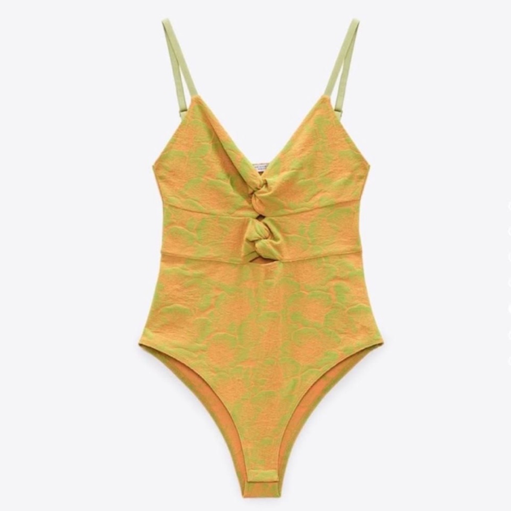 Zara lime green and orange knot front cutout bodysuit
